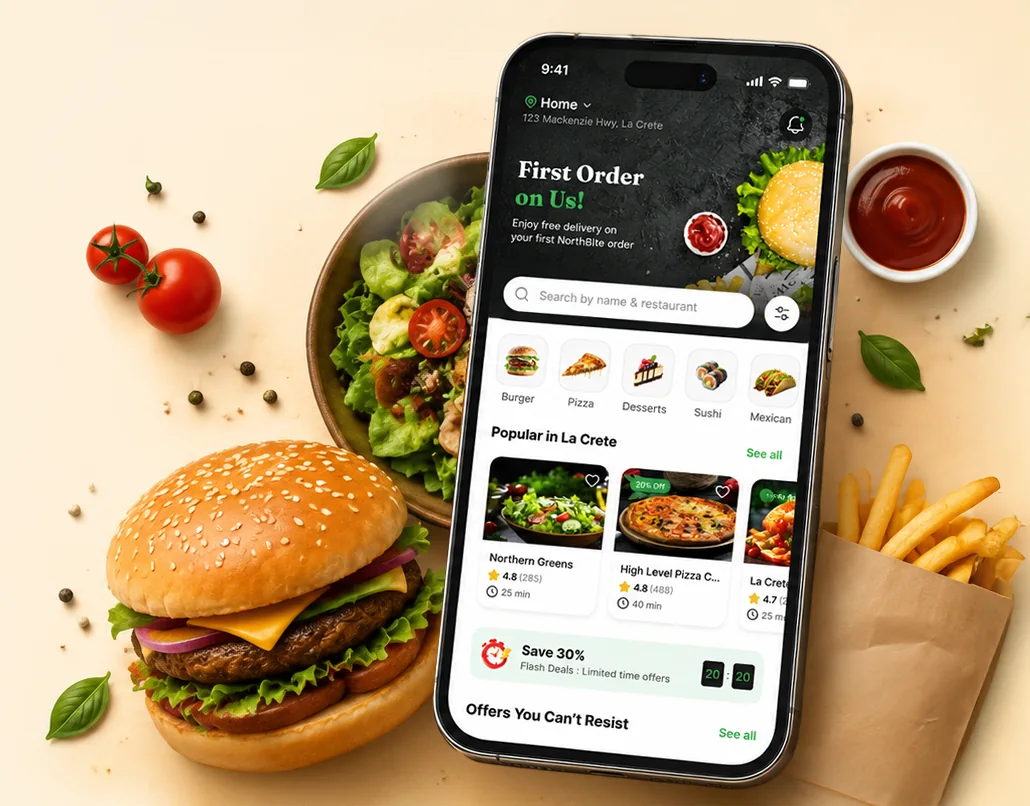 The NorthBite app open on a phone, showing restaurants and offers near La Crete